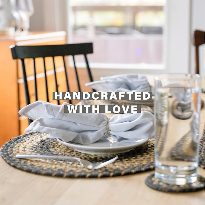 Homespice Kilimanjaro Jute Woven Round Placemats Set of 6, 15", Warm Primitive Decor, Black and Tan Table Mats - Vibrant Colors, Durable, Easy to Clean and Protects Furniture