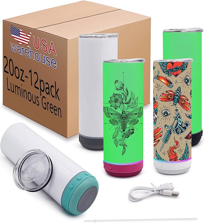 20oz-12pack Luminous Green Bluetooth music Sublimation Tumbler Blank with Straw, Slider Lid, Double-Wall Stainless Steel Vacuum Insulation, Removable Rechargeable Wireless Speaker