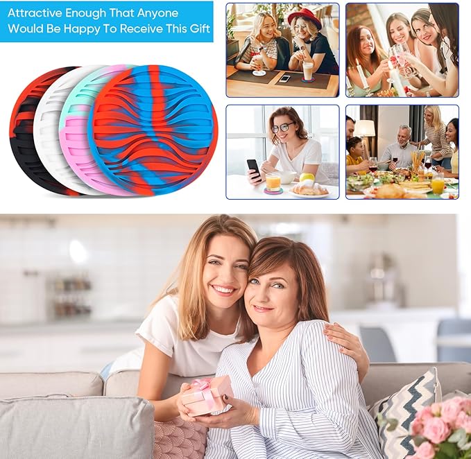 6 Pack Rubber Drink Coasters,Coasters for Drink with Holder,Silicone Cup Mat Non-Stick,Non-Slip,Thickened Live for Hot or Cold Drink(Black White)