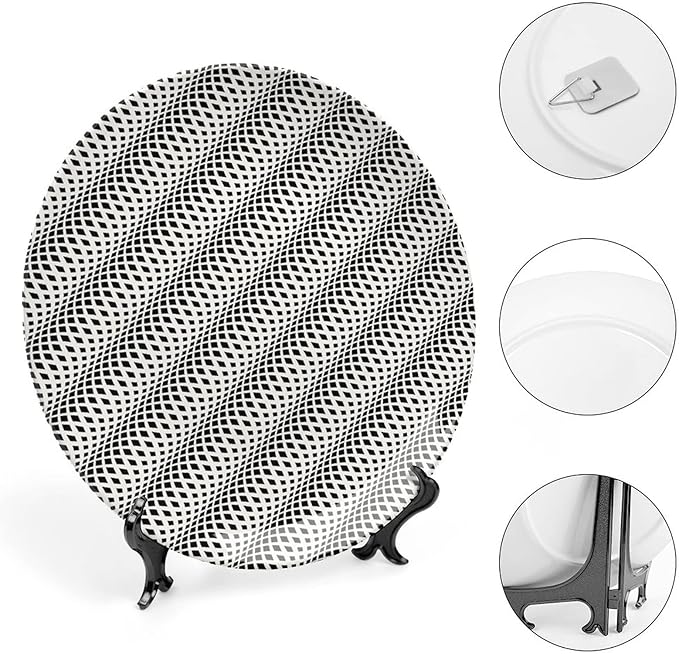 Decorative Plates, Abstract Print Ornament, Wavy Rhombus Abstract Modern Monochrome Decor, 10 Inch, 1 Plate with 1 Display Stand, Black White