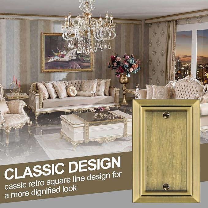Metal Wall Plate for Electrical Outlets, Decorative Antique Brass Switch Plates Outlet Cover, Light Switch Cover Plate, 1-Gang Wall Plates (Single blank, 4 Pack)