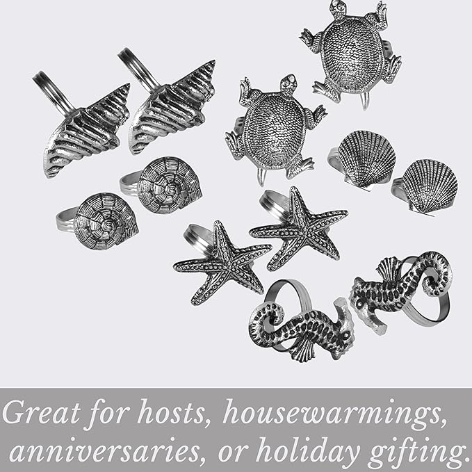 ALPHA Living HOME Napkin Rings Set of 12, Premium 100% Metal, Rust-Resistant Tabletop Décor - Antique Coastal Sea Shell Napkin Holdersfor Family Dinner, Wedding, Party, Decorations - Antique Silver