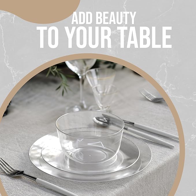 Trendables 24 oz Plastic Bowls Set - Fancy Serving Bowls - Perfect for Ice Cream, Salad, Candy - Disposable (10, Clear Silver Rimmed)