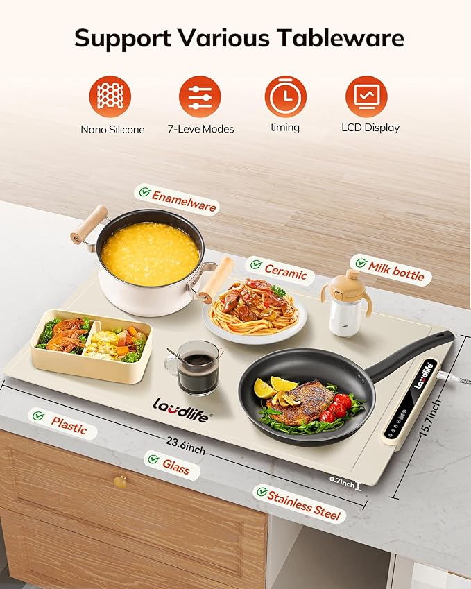 Food Warming Mat 24x16 Inches, Electric Warming Tray with 7 Temps, Foldable Food Warmer for Parties, Buffets, Family Gatherings, Holiday & Sabbath, Child Lock, Heating Mat for Food, Beige