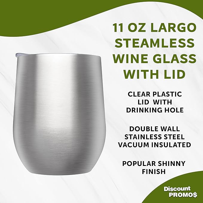 DISCOUNT PROMOS Stemless Wine Glass Tumblers with Lids by Largo 11 oz. Set of 6, Bulk Pack - Perfect for Wine, Cocktails, Other Hot & Cold Beverages - Silver
