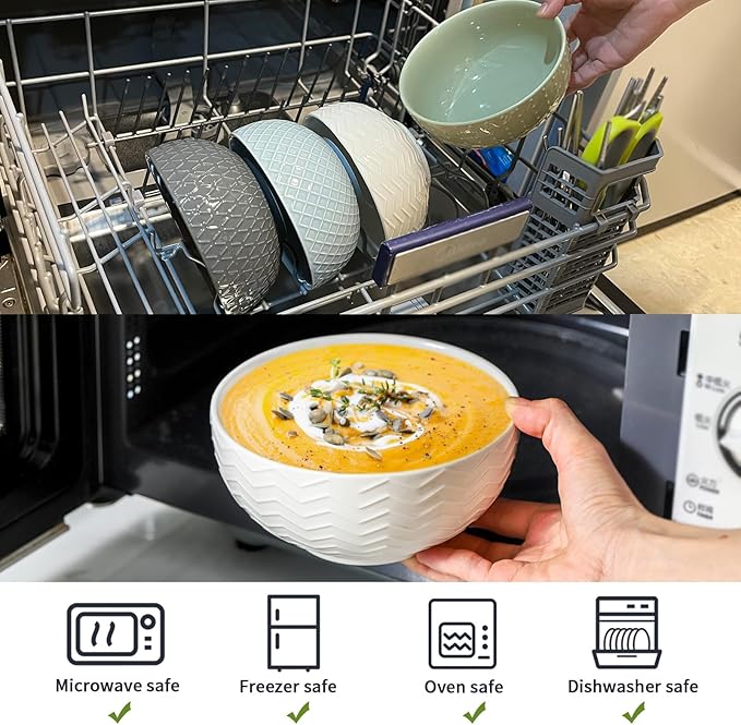 HASENSE Cereal Bowls, 26oz Soup Bowls Set of 4, Embossed Stoneware Porcelain Cereal Bowls, Large Ceramic Soup Bowls for Cereal, Oatmeal, Fruit, Salad, Noodle, Microwave Dishwasher Safe, Green