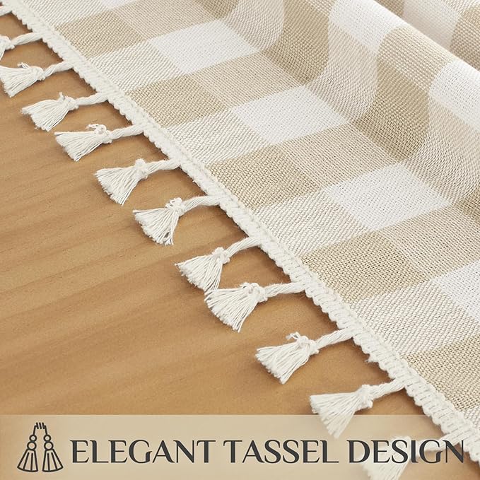 Softalker Checkered Tablecloth Rectangle, Outdoor Linen Cotton Gingham Table Cloth with Tassel, Heavy Duty Wrinkle Free Buffalo Plaid Table Cover for Kitchen Dining Home Party - 55 x 84 Inch, Beige
