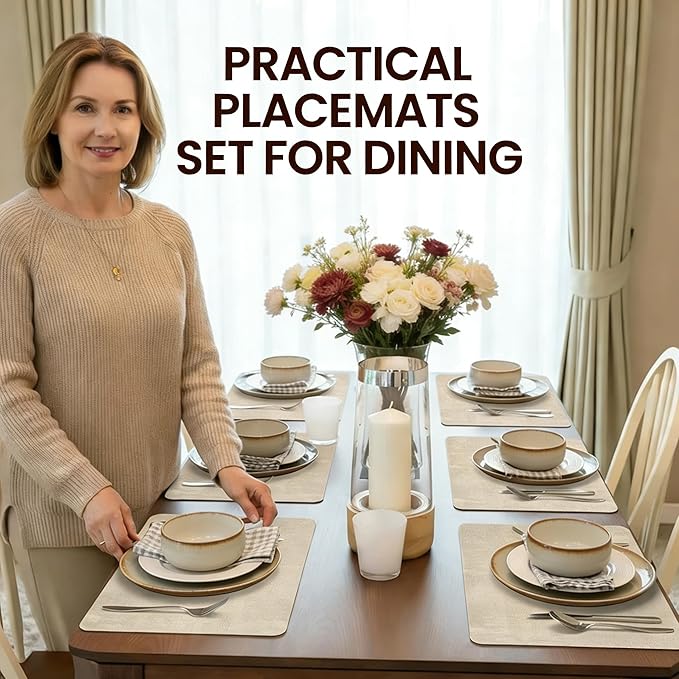 Faux Leather Placemats Set of 6, 17×12 Inch Waterproof Wipeable PU Place Mats Heat Resistant Anti Slip Dining Table Place Mats for Kitchen Dining Indoor & Outdoor Use (Beige)