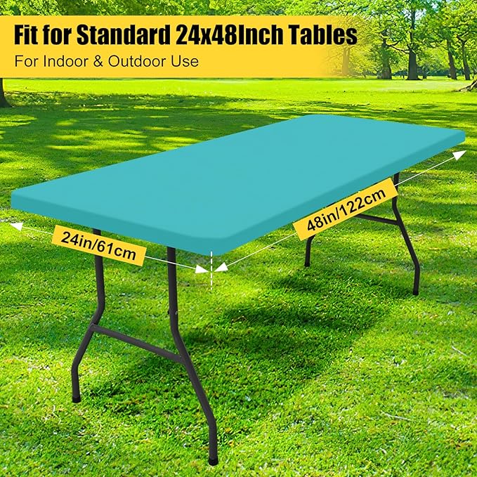 Smiry Rectangle Picnic Table Cloth, Waterproof Elastic Fitted Tablecloths for 4 Foot Tables, Washable Polyester Table Cover for Camping, Indoor and Outdoor (Turquoise, 24"x48")