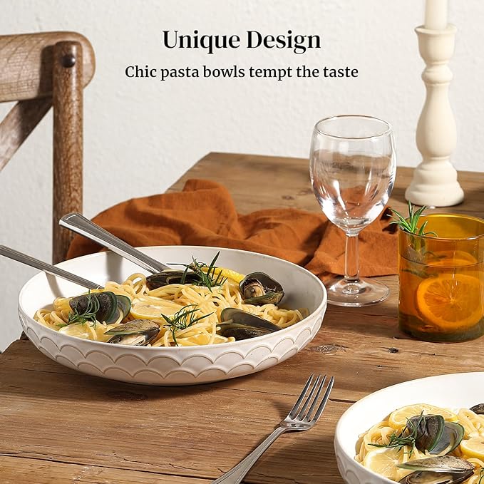 DOWAN Large Pasta Bowls Set of 4, 54 oz Embossment Salad Serving Bowls, Ceramic Plates, White Soup Bowl for Kitchen Meal Prep, Shallow Dishes Dinner Bowl Microwave Tableware