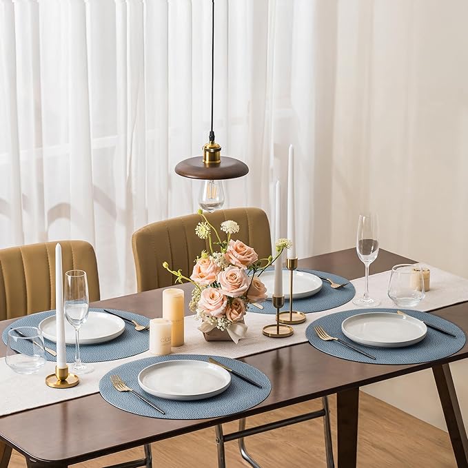 Jovono 15" Faux Leather Big Round Placemats Set of 4 - Washable Heat Resistant Non-Slip Dining Table Mats with Fabric Texture for Kitchen Home Party Decor, Light Blue