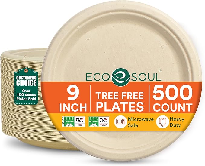 ECO SOUL Compostable 9 Inch(500-Pack) Biodegradable Heavy-Duty Disposable Eco-Friendly Paper Plates for Dinner & Parties, Wedding, Event