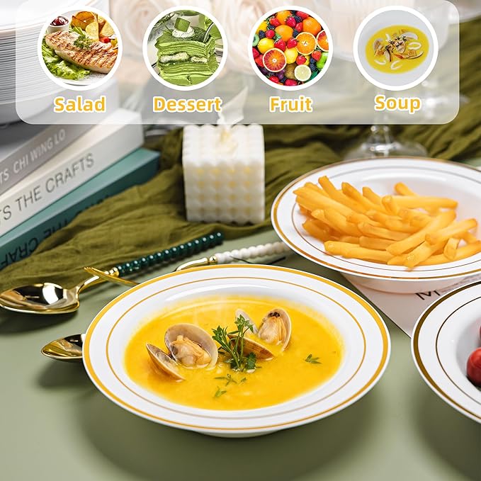 100 PCS Plastic Bowls with Gold Rim, 12oz Premium Heavy Duty Soup Bowls, Dessert and Salad Bowls for Party, Wedding and Holiday