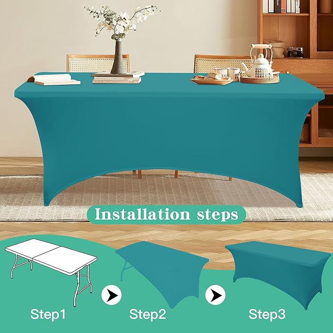 4FT Table Cloth for Rectangular Fitted Events Stretch Emerald Green Table Covers Washable Spandex Tablecloth Protector for Party, Wedding, Cocktail, Banquet, Festival