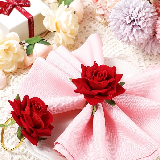 Set of 8 Valentine's Day Napkin Ring Rose Flower Metal Napkin Ring Designed with Rose Serviette Buckle for Valentine's Day Wedding Anniversary Party Dinner Table Decor