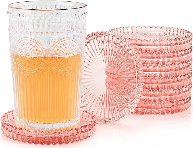 Vintage Glass Coasters, GOH DODD Set of 8 Crystal Coasters Tabletop Protection for Drinks, Home Decor, Kitchen, Living Room, Patio, Wedding, Party, Housewarming Gifts, Clear Brown