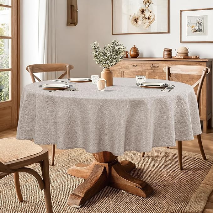 JIUZHEN Round Table Cloth Faux Linen Farmhouse Tablecloth Wrinkle and Stain Resistant Decorative Fabric Table Cover for Kitchen, Dining Room, Parties and Camping, Stone, 80 Inch Round
