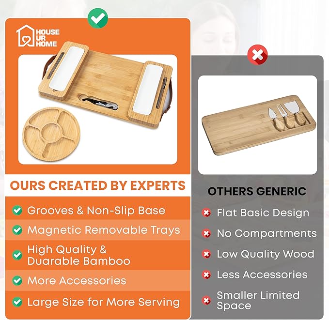 Bamboo Charcuterie Board Gift Set with Magnetic Removable Side Trays and Fruit Tray, Large Serving Platter with Handles, Valentine’s Day Gift for Couples, Housewarming and New Home Gifts