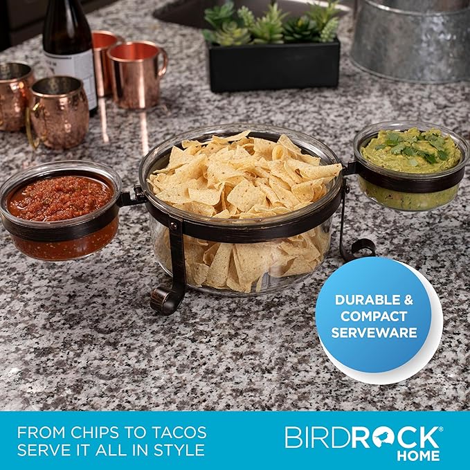 BIRDROCK HOME Chip and Dip Serving Bowl Set - Triple Glass Bowls with Metal Frame - for Party Appetizers, Taco Platter, Durable, Stylish Serveware with Compact Storage - Clear Glass, Black Frame