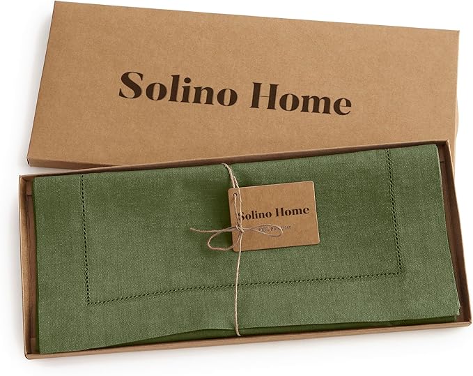 Solino Home Linen Olive Table Runner 144 Inches Long - 100% Pure Linen Extra Long Table Runner 14 x 144 Inch for St Patricks Day - Classic Hemstitch