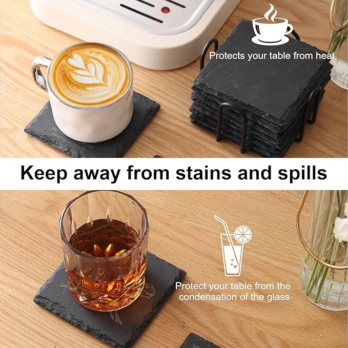 Slate Coasters Set of 48,4-Inch Black Square Stone Drink Coasters with Scratch-Resistant Backing,Durable Tabletop Protection for Home Office Kitchen,Ideal Housewarming Wedding Gifts
