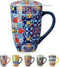 vancasso Ceramic Tea Mug with Infuser and Lid, 18 Ounce Bohemian Loose Leaf Cup, Microwave & Dishwasher Safe, Perfect for Tea, Coffee, Royal-Crimson Flourish