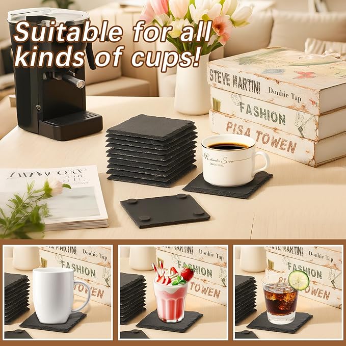 48 PCS Slate Coasters Black Square 4 Inch Bulk Rock, Blank Laser Engraving, Scratch Resistant Bottom, Home Office Kitchen Gift Wedding Bar Party Square Coasters