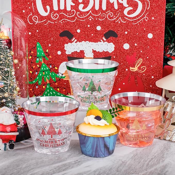 I00000 60PCS Merry Christmas Party Cups - Christmas Disposable Cups 9 Oz Clear Party Cups Wine Glasses Disposable Clear Plastic Cocktail Cups Tumblers Drinking Cups for Xmas Parties