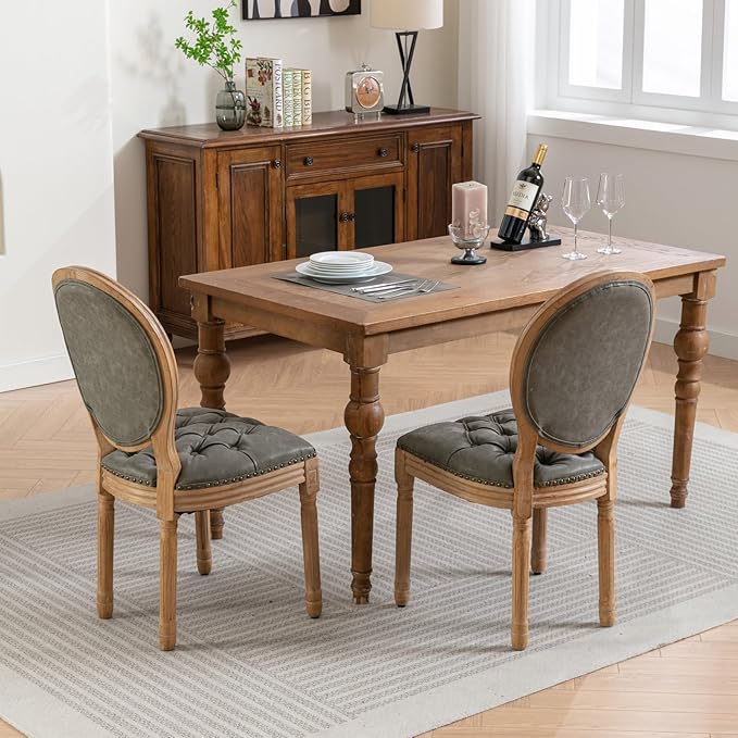 Ball & Cast French Vintage Upholstered Dining Chairs Set of 2, Button Tufted Kitchen Side-Chairs with Carved Antique Wood Frame & Nailhead Trims, PU-Leather Curved Backrest Louis Chair, PU Green