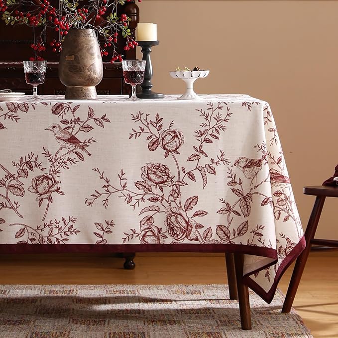 ISAENNE Designer Vintage Linen Extra Long Rectangle Tablecloth,Red Floral Pattern Linen Stain Resistant Table Cloth,Decor Tablecloths for Dining Thanksgiving Kitchen Party,67"*118"-Harmony