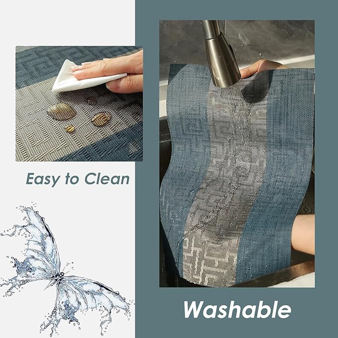 FAVE Placemats Set of 8 Indigo Blue Woven with Gray Placemats Durable and Wipeable Vinyl Placemats Heat Resistant Table Mats Set of 8 for Wedding, Banquet, Birthday, Party, Restaurant (Indigo Blue)
