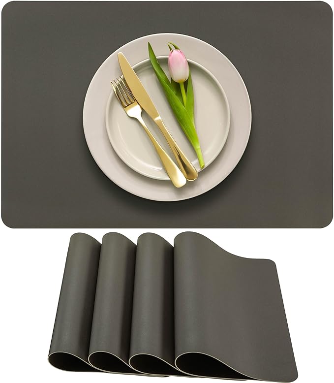 More Décor Faux Leather Placemats Set of 4 for Dining Table – Waterproof, Wipeable, Washable, Stain & Heat Resistant, Non-Slip Table Mats – 12 X 17 Inch, (Solid Dark Grey, 4)