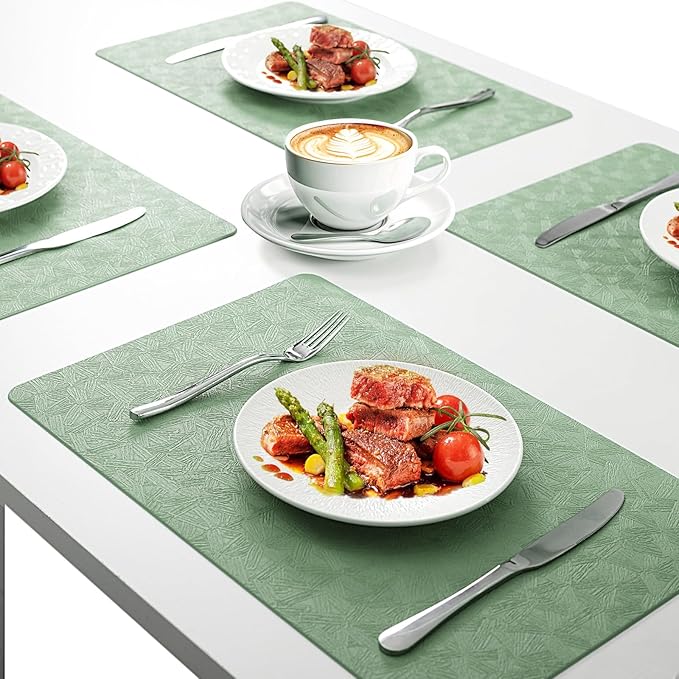 Vinyl Placemats Set of 12 Faux Leather 100% Waterproof Wipeable Washable Place Mats Heat Resistant Easy Clean Non-Slip Table Mats for Indoor Outdoor. (12, Green)