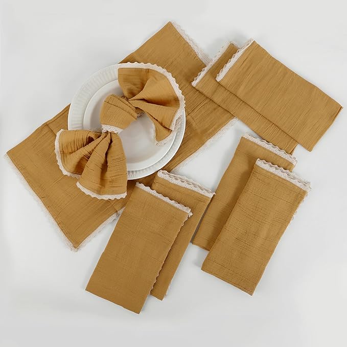FINGERCRAFT Dinner Cloth Napkin Cotton Muslin Double Gauze 12 Pack with Classic Lace for Everyday Use, Wedding, Party, Christmas, Easter Napkins Cloth are Pre Shrunk and Good Absorbency Gold