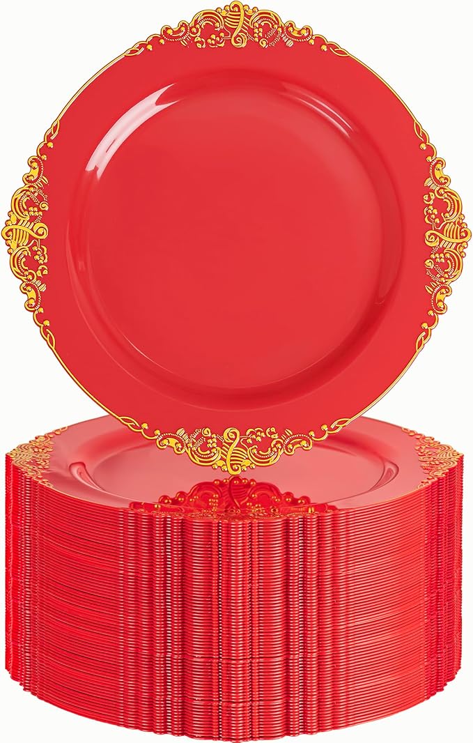 Nervure 100Pcs Red and Gold Plastic Plates - 7.5inch Red Disposable Plates - Heavyweight Plastic Plate - Dessert Plate for Wedding & Party