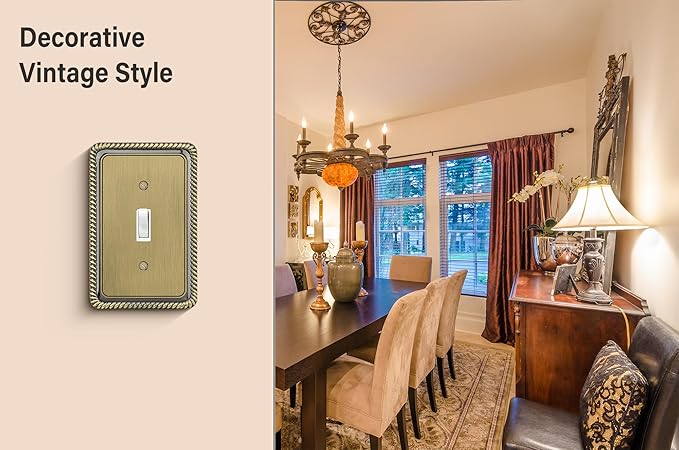 Henne Bery Rope Edge Decorative Wall Plate Switch Plate Outlet Cover (Single Toggle, 2 Pack, Antique Brass)