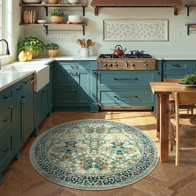 GarveeHome Sage Green Floral 6 ft Round Rug Washable Non-Slip Soft Low Pile Circle Carpet Vintage Rugs for Kitchen Bedroom Nursery Dining Living Room