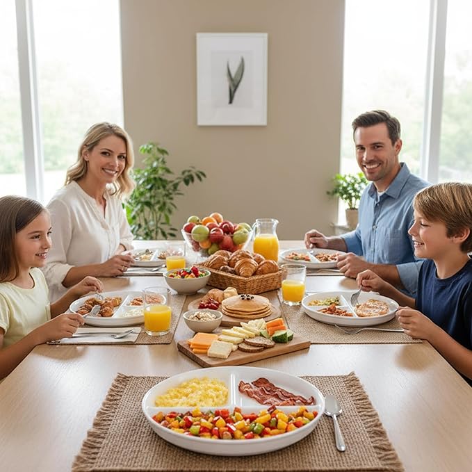 Lounsweer Set of 8 Pcs Portion Control Plate Ceramic Divided Bariatric Plates 3 Compartment Reusable Dinner Plates for Weight Loss Balanced Meal (8 Inch)