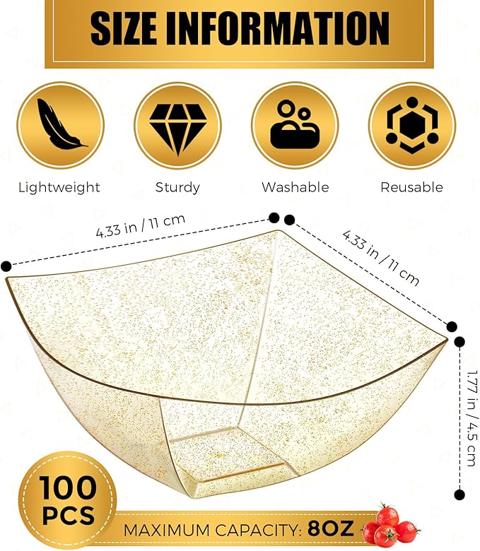 Sliner 100 Pcs Square Plastic Bowls 8 oz Plastic Serving Bowls Disposable Chip Bowls for Parties Snack Fruit Candy Containers for Candy Buffet Salad Bar Buffet Containers Party Supplies (Gold Glitter)