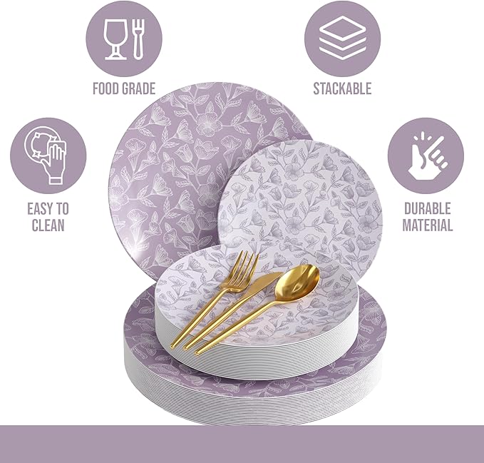 Trendables Fancy Plastic Dinnerware Sets 200 Pc 40 Guests Gold Silverware Disposable 40 X 10 Inch Charger Plates 40 X 8 Inch Dessert Plates 40 x Gold Plastic Forks and Spoons Knives In Blossom Circle
