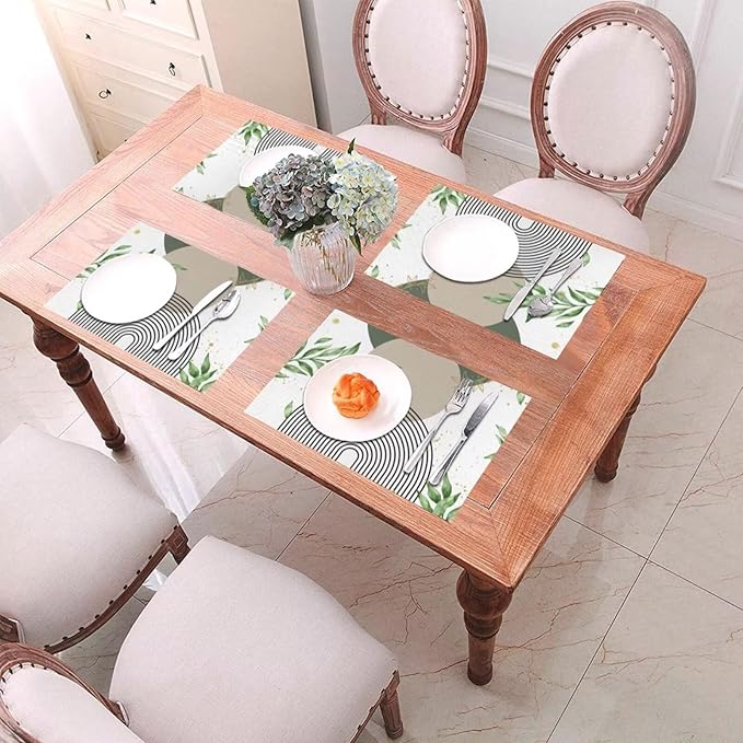 Boho Sage Green Placemats Abstract Bohemian Mid Century Modern Gold Leaves Plant Olive Grey Minimalist Washable Place Mats 12x18Inch for Dining Kitchen Farmhouse Decor 4 PCS