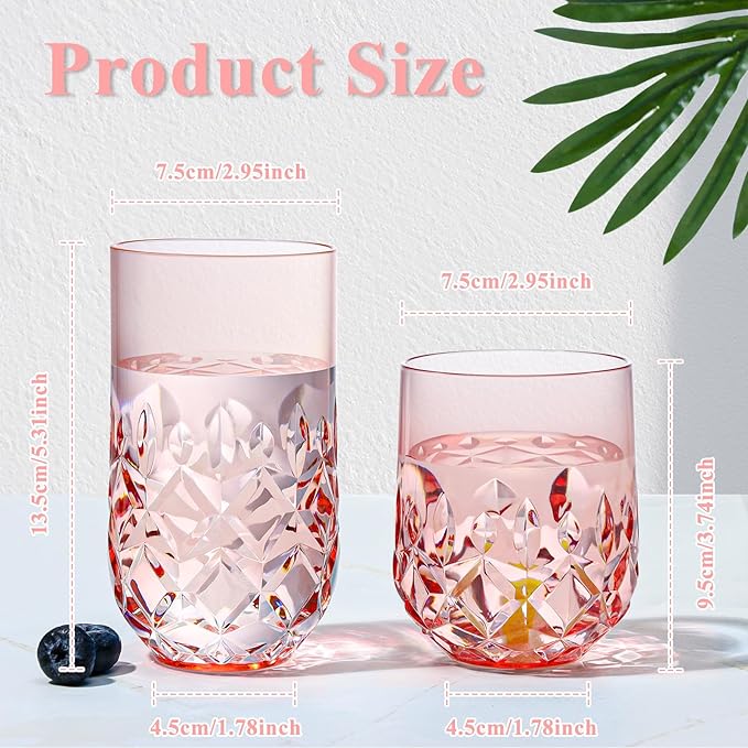 Acrylic Drinking Glasses Set of 12 Pink Mixed Drinks Glassware Unbreakable Palstic Tumbler and Rocks Glass Set 6pcs 18oz Highball and 6pcs 12 oz Cocktail Glasses for Cocktail Iced Coffee Beer Whiske