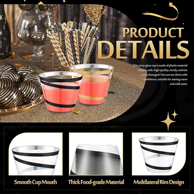Gejoy 9 oz Rimmed Swirl Plastic Cups Disposable Wine Drinking Cups Clear Elegant Halloween Tumblers for Christmas Party Supplies(Black, Gold,50 Pcs)