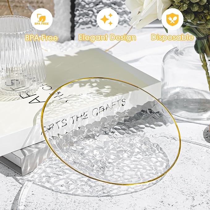100PCS Clear and Gold Plastic Plates, 7 Inch Disposable Dessert Plates with Gold Rim, Heavy Duty Stone Texture Plastic Plates for Party and Weddings