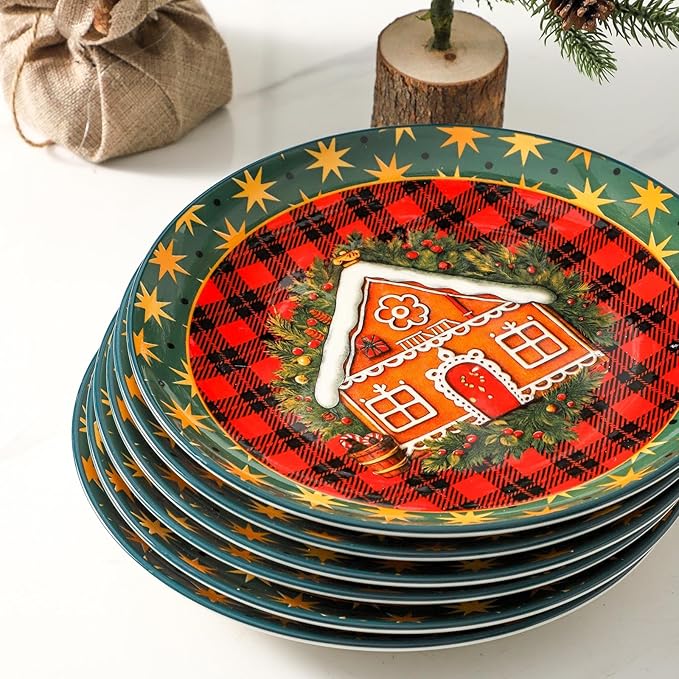 Dinner Plates Set of 6, 10 Inch Ceramic Plates, Christmas Dishes for Dinner Party Holiday Occasions, Microwave And Dishwasher Safe