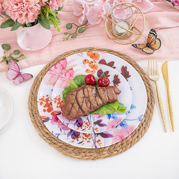 DaYammi 20Pcs Floral Disposable Plastic Plates-Disposable Heavy duty Watercolor Floral Plastic Plates 10.25 inch Dinner plates and 7.5 inch Dessert plates, Disposable Plate for Valentine's Day Party