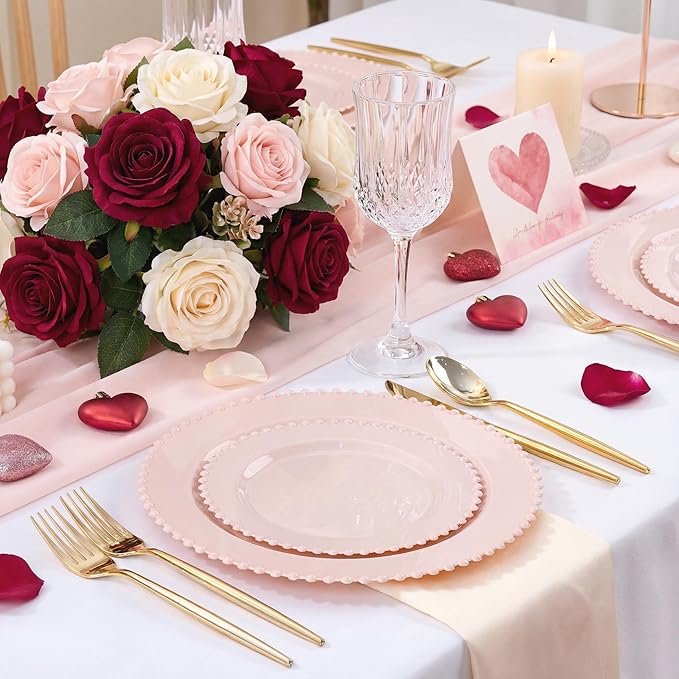 U-QE 60PCS Pink Plastic Plates - Heavy Duty Beaded Pink Valentines Plates for Valentine's Day, Party, Wedding - Serving 30 Guests Include 30PCS 10inch Dinner Plate & 30PCS 7inch Dessert Plate