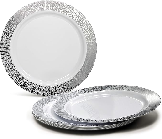 OCCASIONS 240 Plates Pack,(120 Guests) Premium Wedding Party Disposable Plastic Plates Set -120 x 10.25'' Dinner + 120 x 7.5'' Salad/Dessert (Starlight in White & Silver)