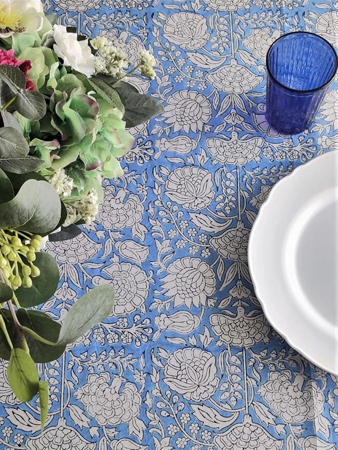ATOSII Azora Blue 100% Cotton Square Summer Tablecloth, Block Print Floral Table Cloth for Dining, Outdoors, Parties, Weddings I Grand Millenial Decor 60 X 60 Inches I 4 Seater