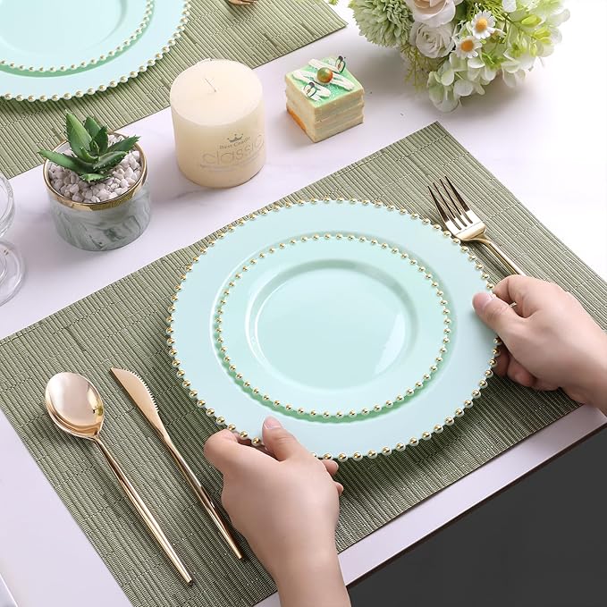 EI 60pcs Green Plastic Plates with Gold Rim,Disposable Heavy Duty Sage Green and Gold 10.25" Dinner & 7.5" Dessert Plastic Plate for Birthday,Afternoon Tea,Wedding,Spring,Valentine's Day,Easter